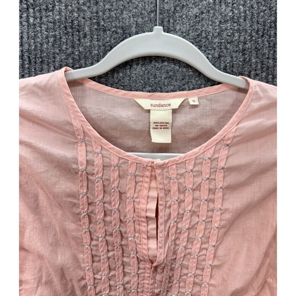 Sundance Pintuck Cotton Top Womens Small Pink Metallic Puff Sleeve Keyhole Neck - Picture 2 of 8
